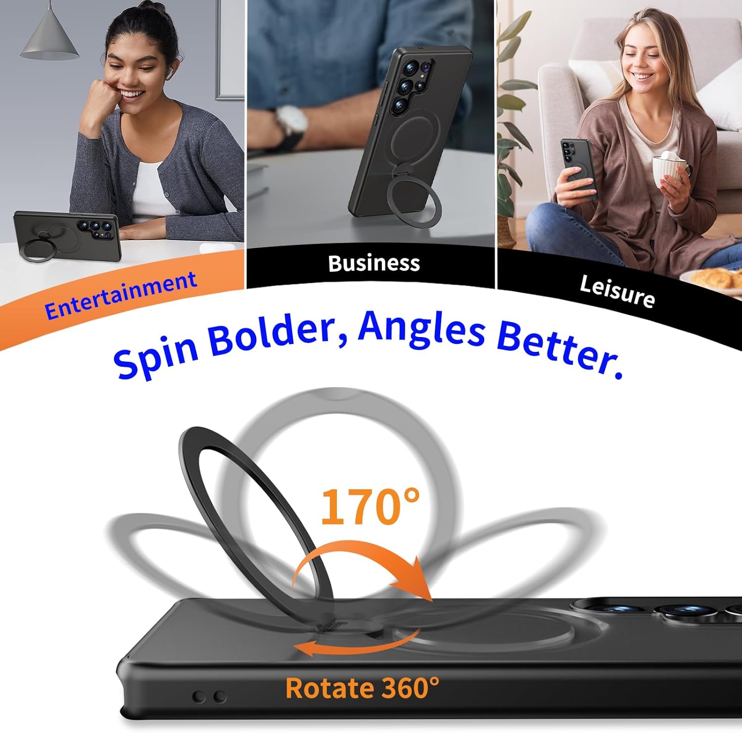 for Samsung Galaxy S24 Ultra Case with Stand,Compatible with Magsafe Wireless Charging,with 360°Rotatable Magnetic Ring Holder Kickstand,Slim Protective Phone Cover,Matte Translucent,Black