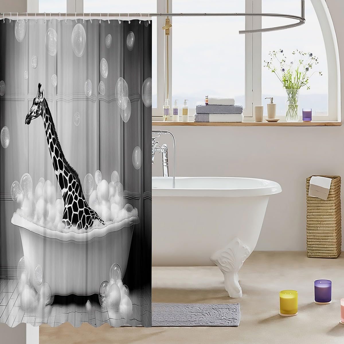 Feelyou Giraffe Bath Curtain 72"x78" Kids Animal Shower Curtain for Bathroom Decor for Boys Girls Teens Gray Bathroom Accessories