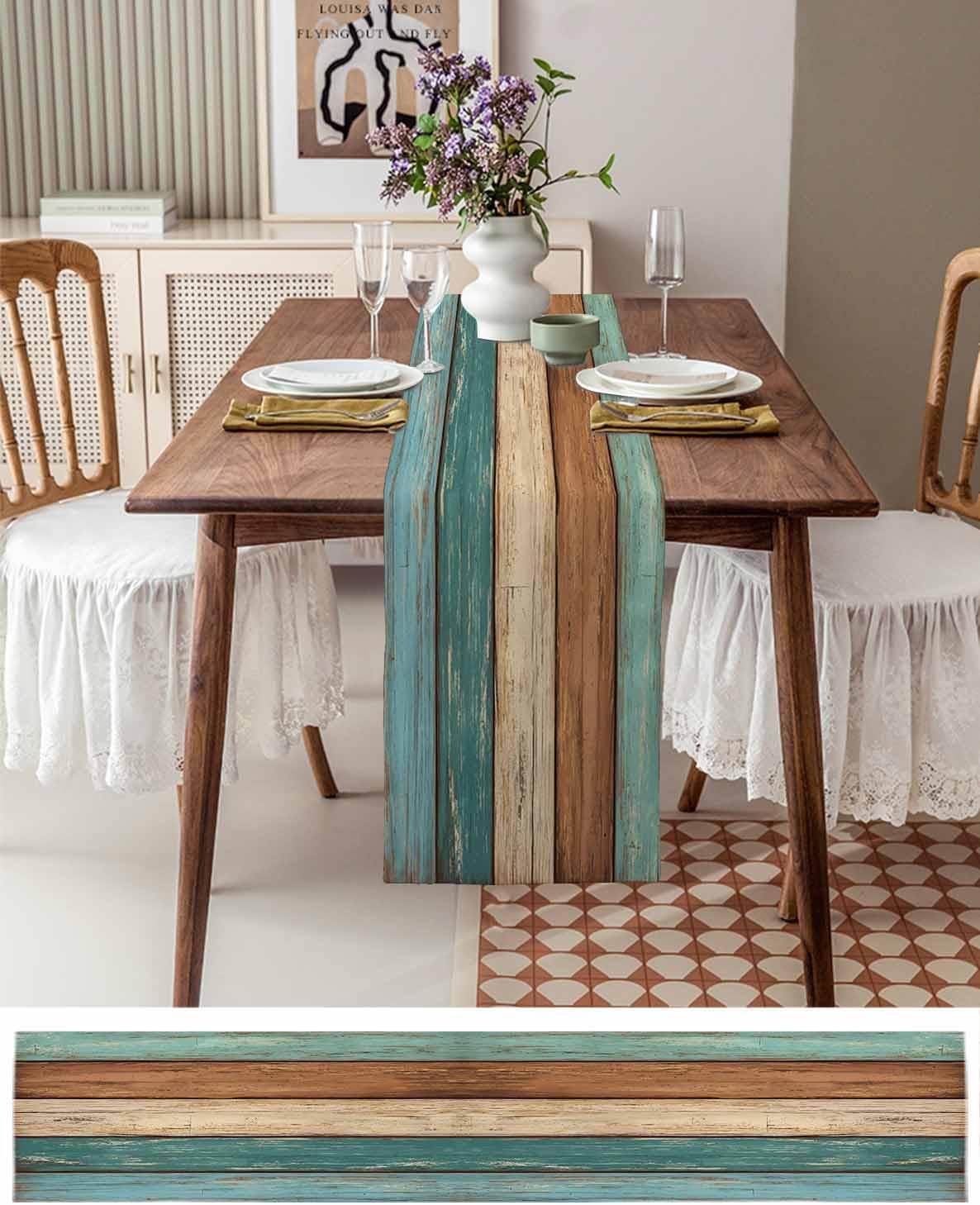 Retro Cotton Linen Teal Table Runner Geometric Rectangle Plate Mat Dresser Scarves, Rustic Wooden Plank Outdoor Rug Runner for Coffee Dining Banquet Home Decor 13x108 inch