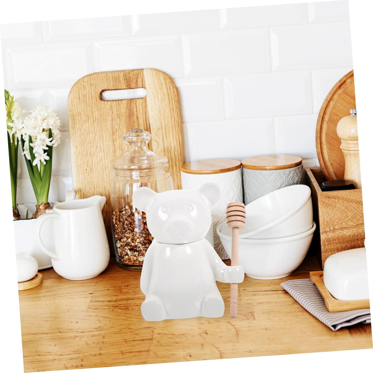 MAGICLULU Cartoon Bear Honey Jar Ceramic Honey Pot Dipper Storage Container Wooden Stick