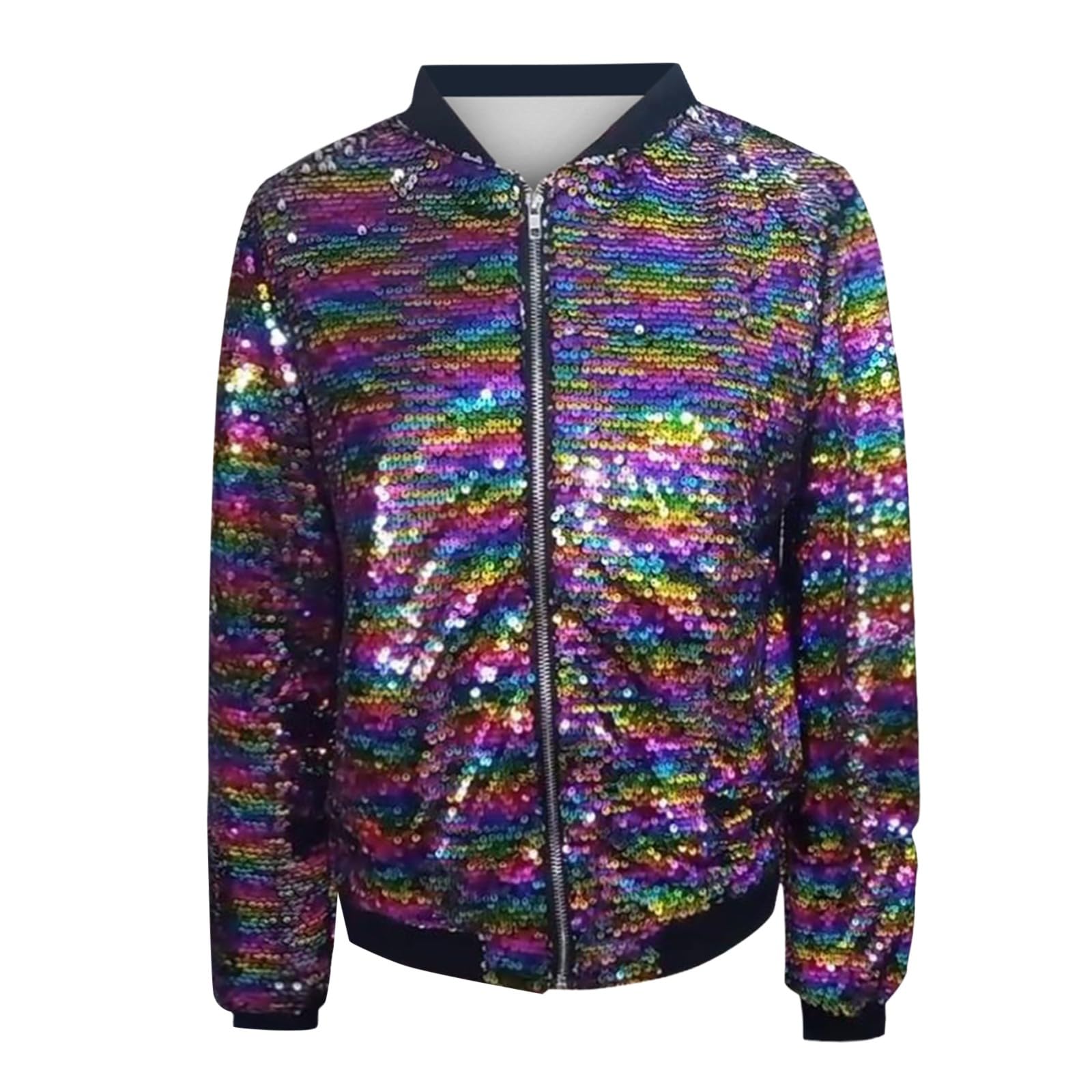 Pailletten Jacke Damen mit Reißverschluss Glitzer Bomberjacke Bolero Elegant Jacken Festliche Disco Kostüm Langarm Casual Pailettenjacke Slim Fit Winter Streetwear Top Glitzertop für Rave Party