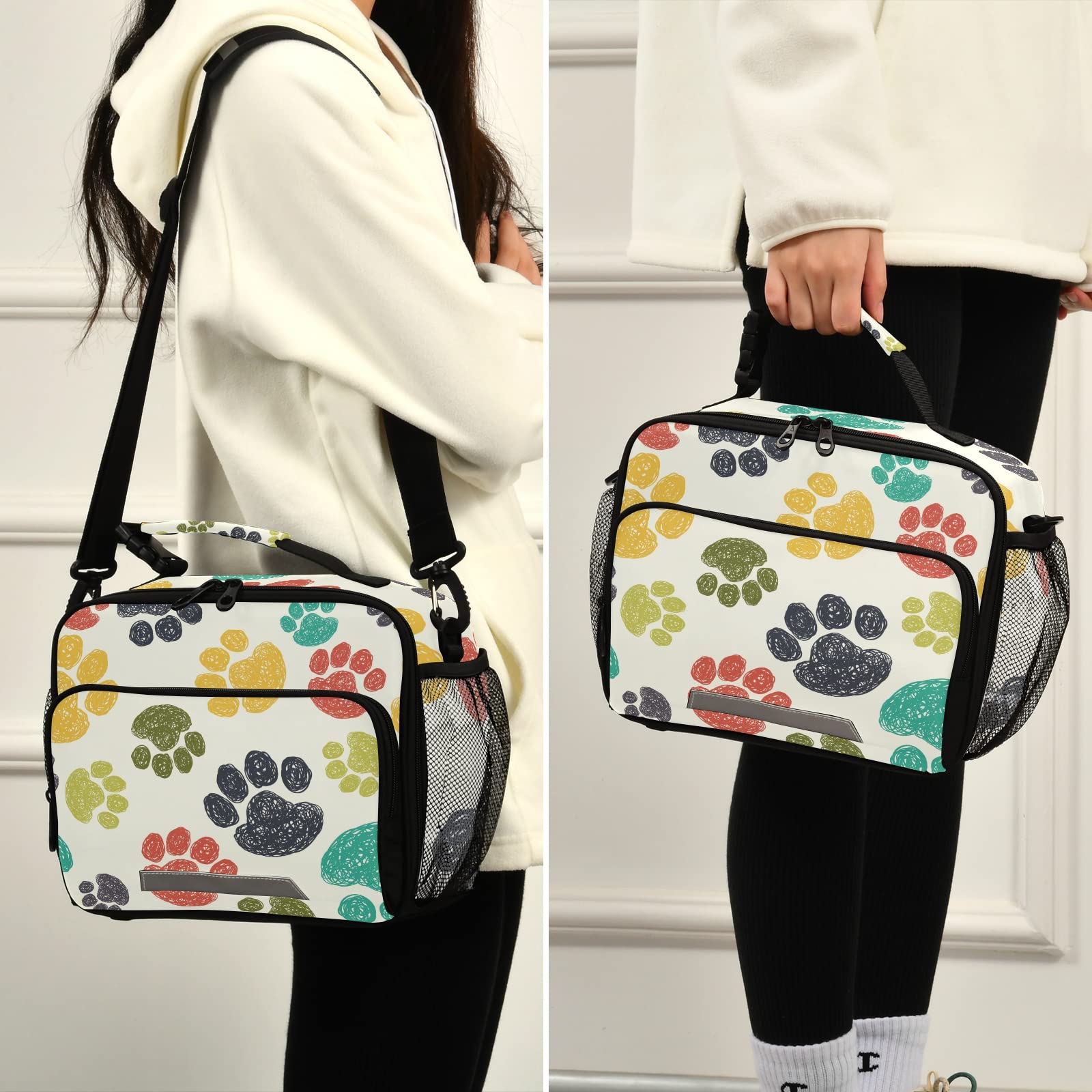 Borsa per il pranzo con stampa per bambini, doppia isolata, portatile, per il pranzo a scuola, con tasche interne ed esterne con cerniera e porta bottiglie esterne, scacchiera bianca e nera