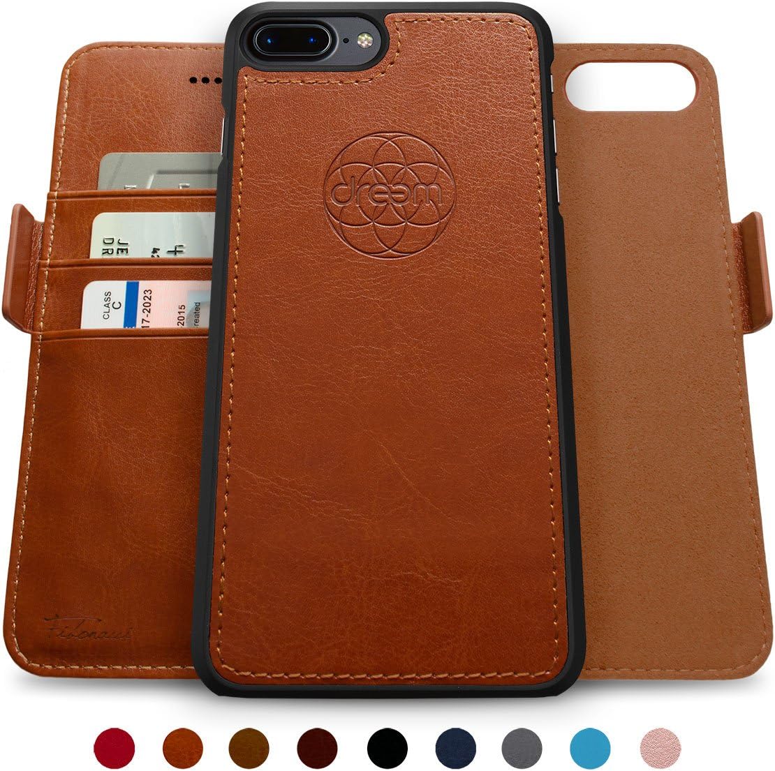 Dreem Fibonacci 2-in-1 Wallet-Case for iPhone 8-Plus & 7-Plus, Magnetic Detachable PC Slim-Case, Luxury Vegan Leather, RFID Protection, Smart 2-Way Stand, Gift-Box - Toffee