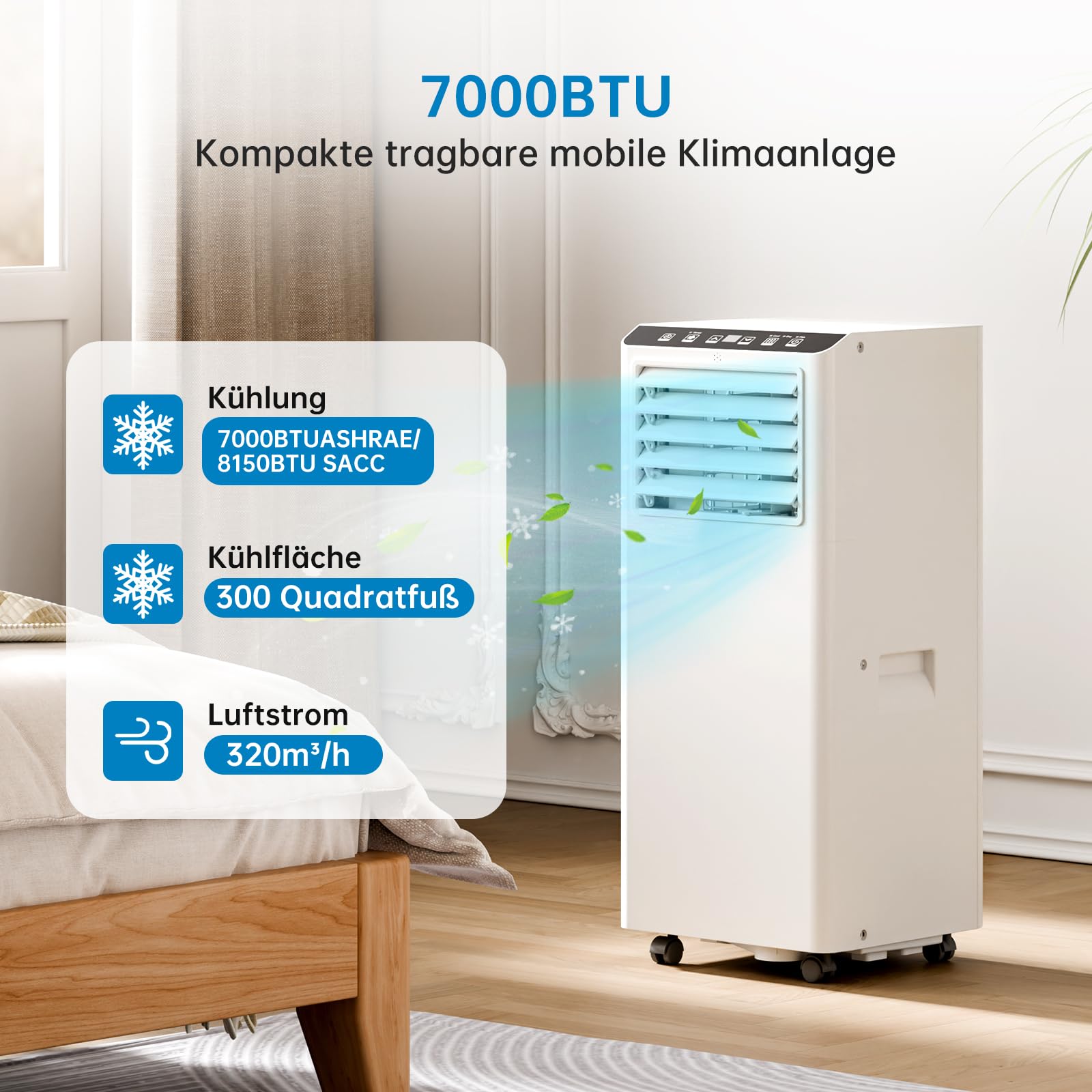 Climatiseur Mobile 7000 BTU (2000W), 3-en-1 Climatisation avec Refroidissement, Déshumidification et Ventilation, pour Pièces jusqu'à 25m², Minuteur 24h, Télécommande & Écran LED