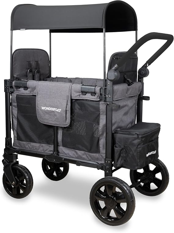 WONDERFOLD W2 Elite Pro Stroller (2-Seater) - Folding Stroller Wagon with Removable Reversible Seats with 5-Point Harnesses, Adjustable Push Handle and Adjustable Canopy, Charcoal Gray | Foldable Wagon with an Adjustable Canopy & Push Handle, All-Terrain Wheels & 5-Point Harnesses for Babies, Toddlers & Kids