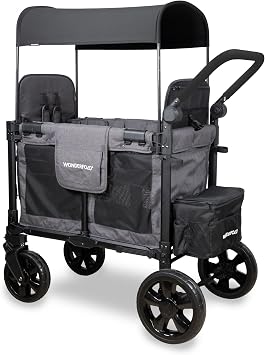 WONDERFOLD W2 Elite Pro Stroller (2-Seater) - Folding Stroller Wagon with Removable Reversible Seats with 5-Point Harnesses, Adjustable Push Handle and Adjustable Canopy, Charcoal Gray | Foldable Wagon with an Adjustable Canopy & Push Handle, All-Terrain Wheels & 5-Point Harnesses for Babies, Toddlers & Kids