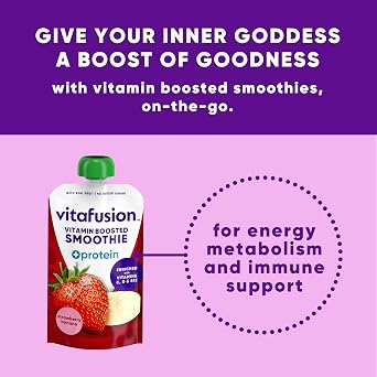 vitafusion Vitamin-Boosted Smoothie +Protein for Energy Metabolism and Immune Support, Strawberry Banana Flavor Excellent Source of Vitamins C, D, and B12, 3.5oz, 6 Count