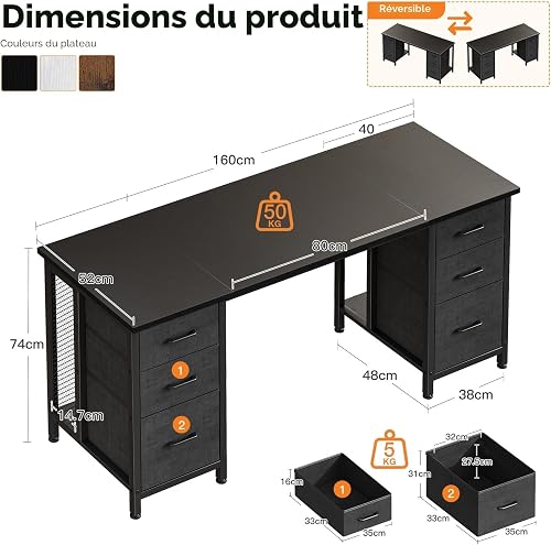 Coleshome Bureau avec 6 Tiroirs, 160x52 cm Bureau Informatique avec Rangement, Bureaux D'ordinateur pour Le Bureaux à Domicile, Noir - 5
