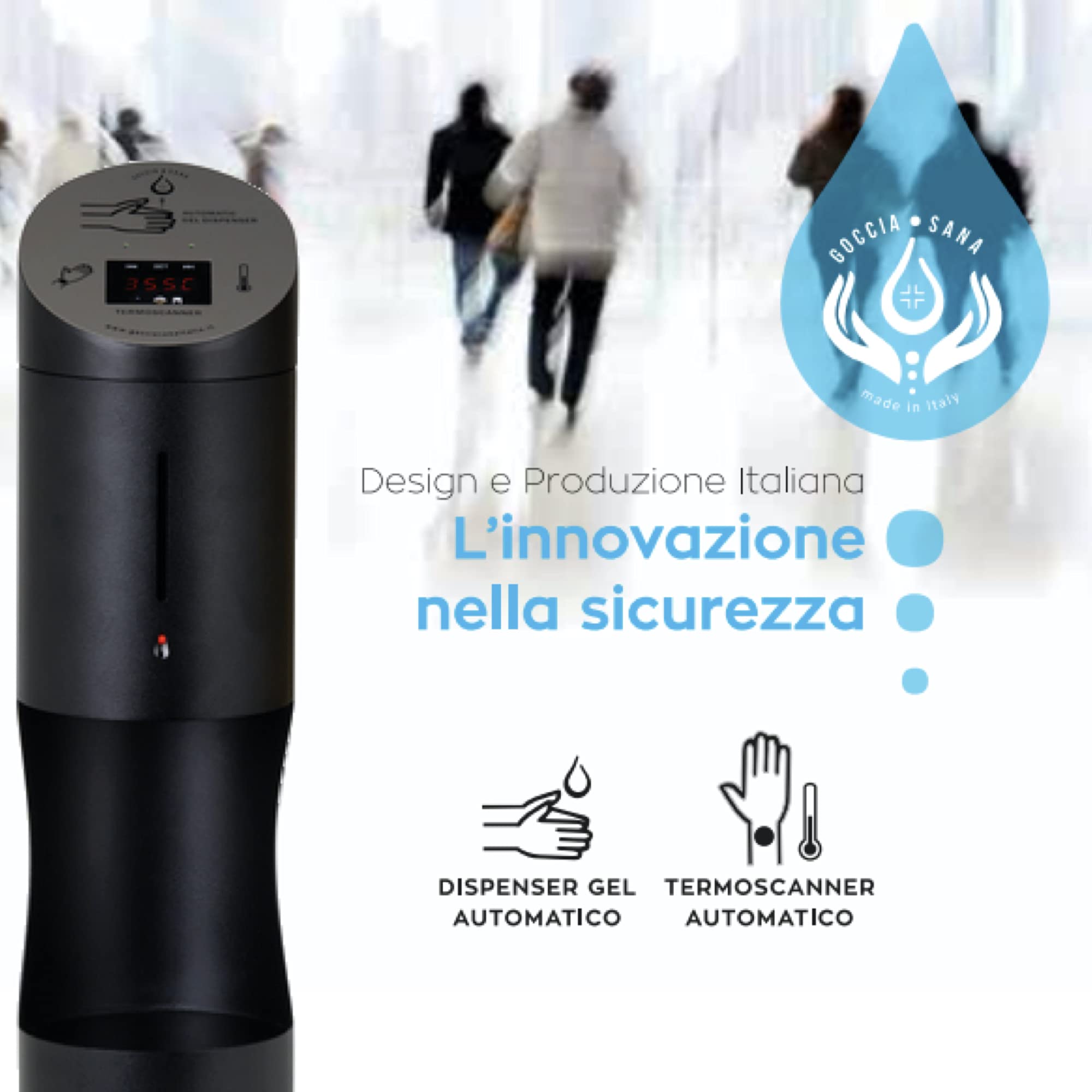 TICINO/GTS Termometro digitale da banco con dispenser automatico | Termometro infrarossi Gocciasana | Dispenser igienizzante mani
