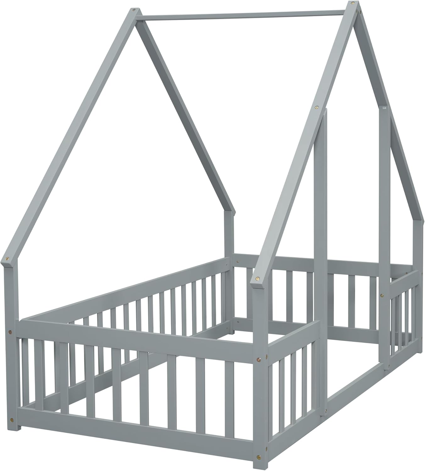 Bellemave House Bed for Kids, Floor Bed with Fence Rails, Wood Montessori Bed Frame for Girls Boys Teens (Grey, Twin)