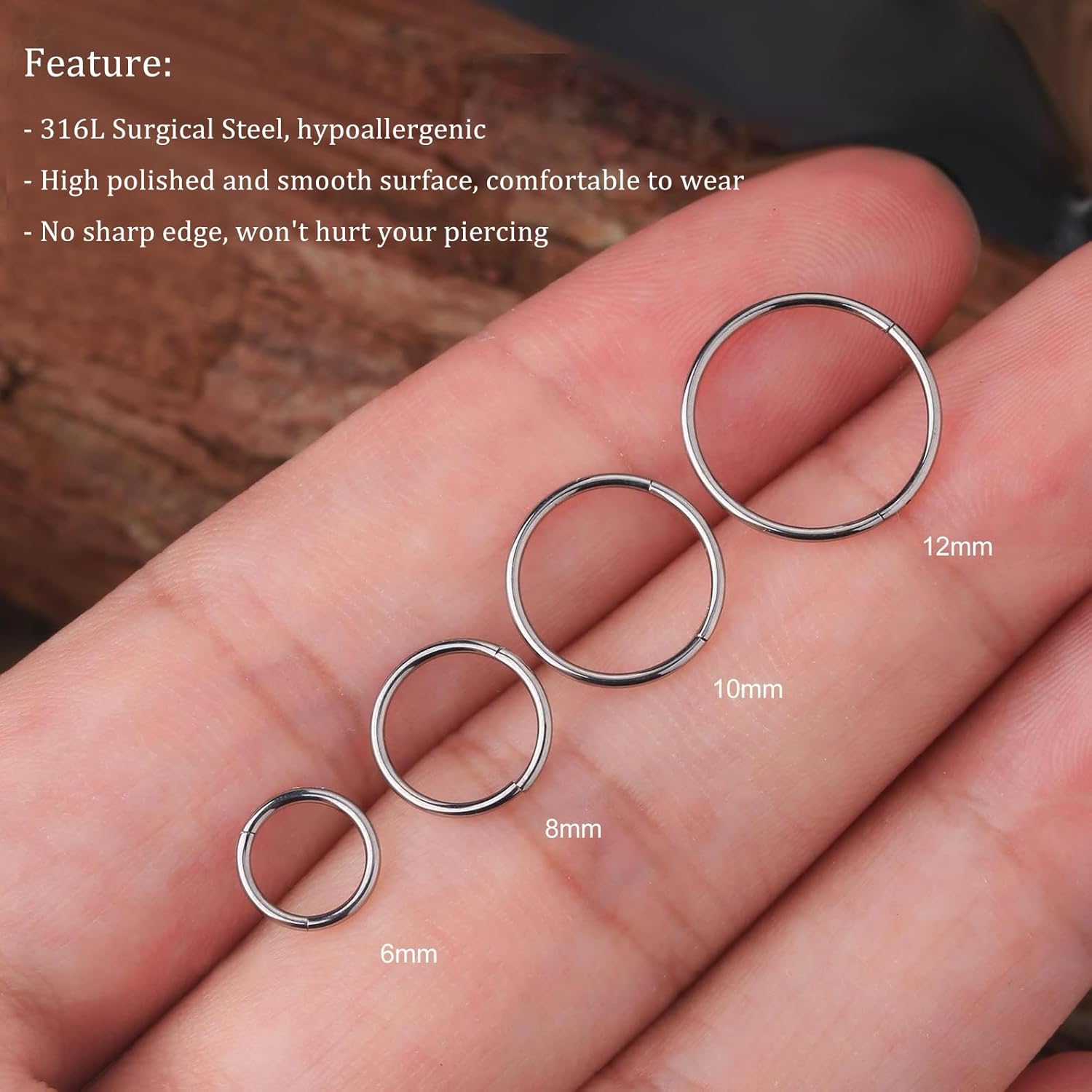 3PCS Hinged Nose Hoops Rings 20G 18G 16G 316L Surgical Steel, Clicker Hoop for Septum Daith Helix Tragus Conch Earrings Piercing Jewelry, 6mm-12mm - Image 2