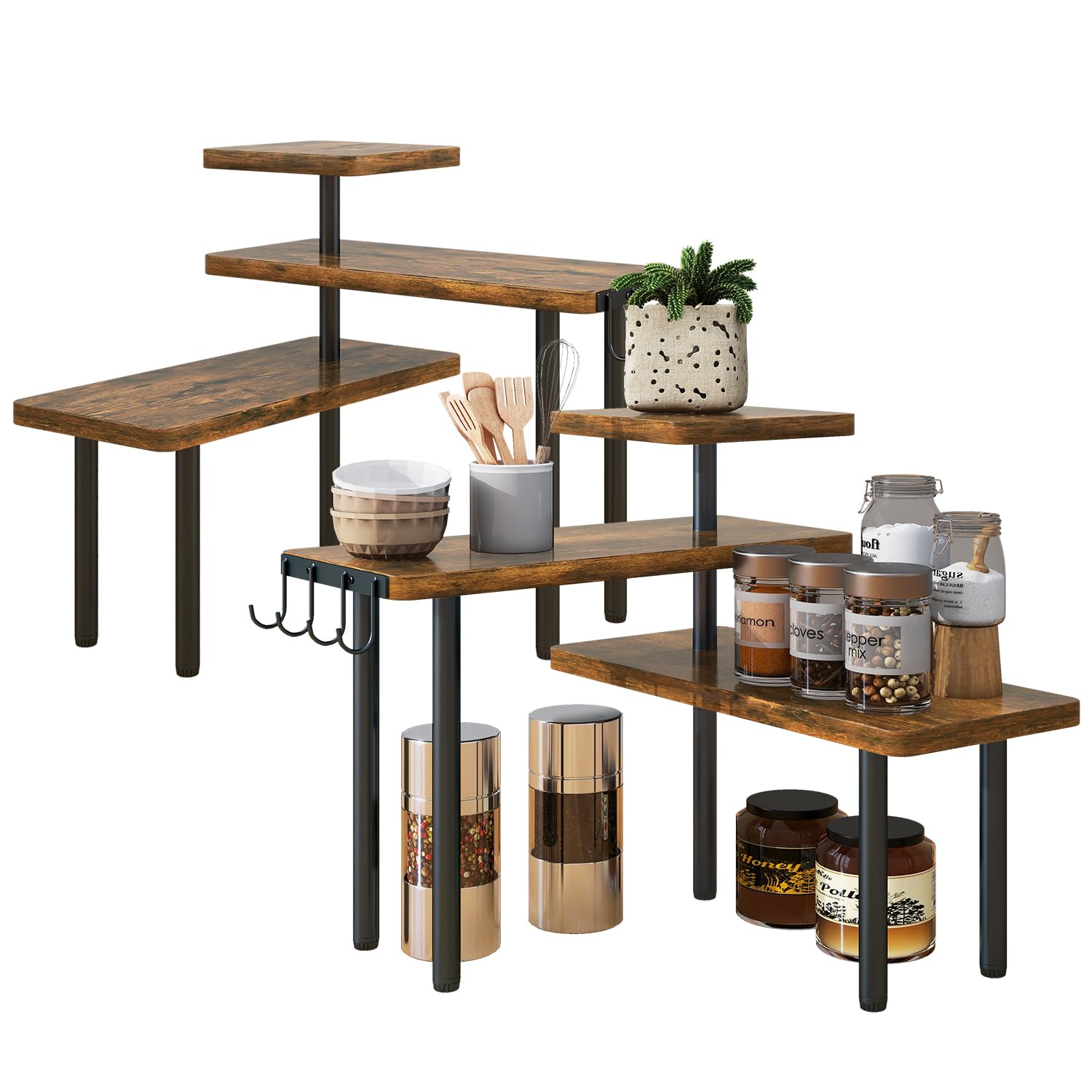 IBUYKE Countertop Organizer,3-Tier Spice Racks,Set of 2,Kitchen Counter Corner Shelf,4 Side Hooks,Adjustable Countertop Shelf for Kitchen, Bathroom, Coffee Bar, Cabinet, Desk,Rustic Brown,TLJ023H-2
