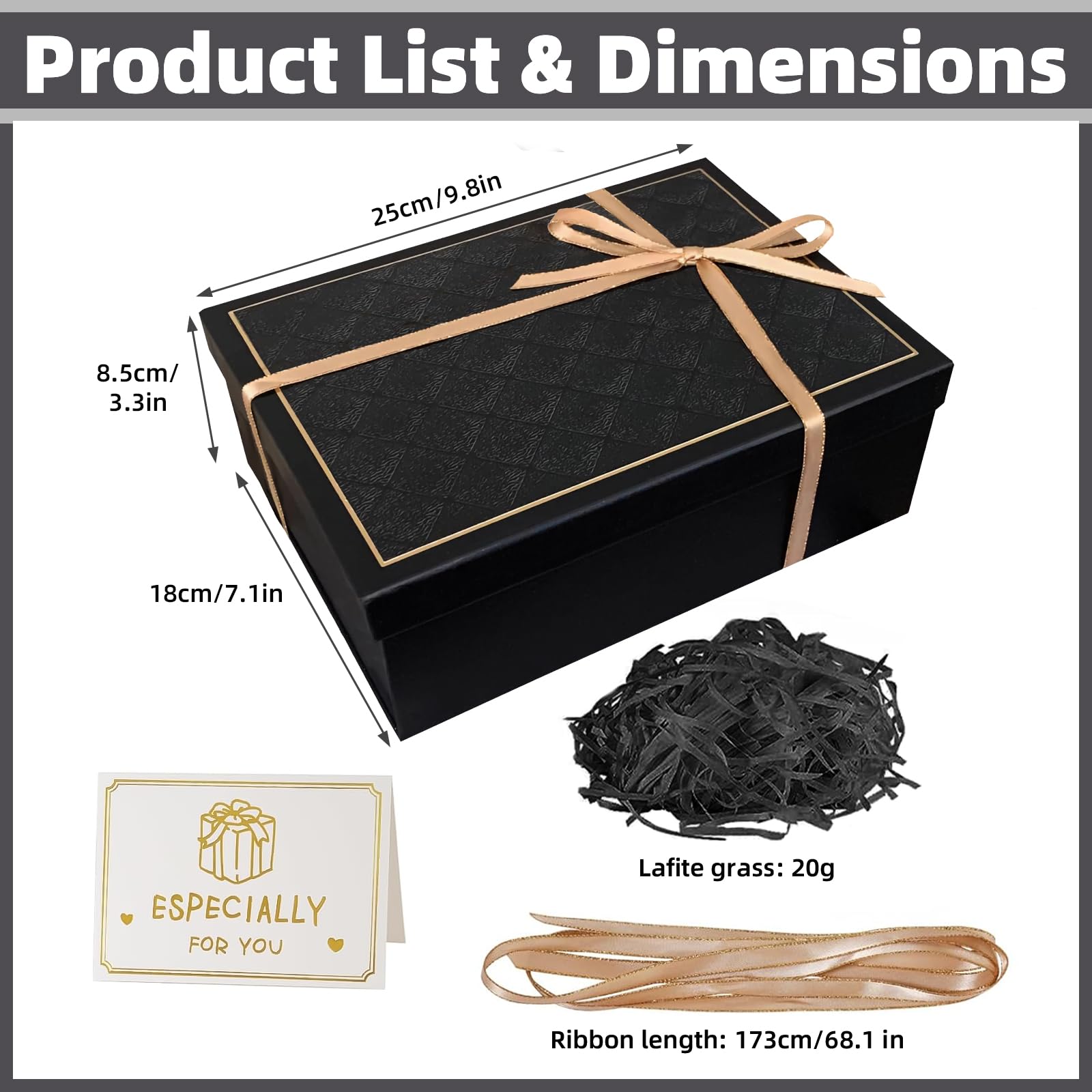 ZMDMAH Zwart Geschenkdoos met deksel, 22,5 x 16 x 8,5 cm Rechthoekige cadeauverpakking met strik, cadeaudoos voor verjaardag, bruiloft, verjaardagscadeau, kerstcadeau, jubileum