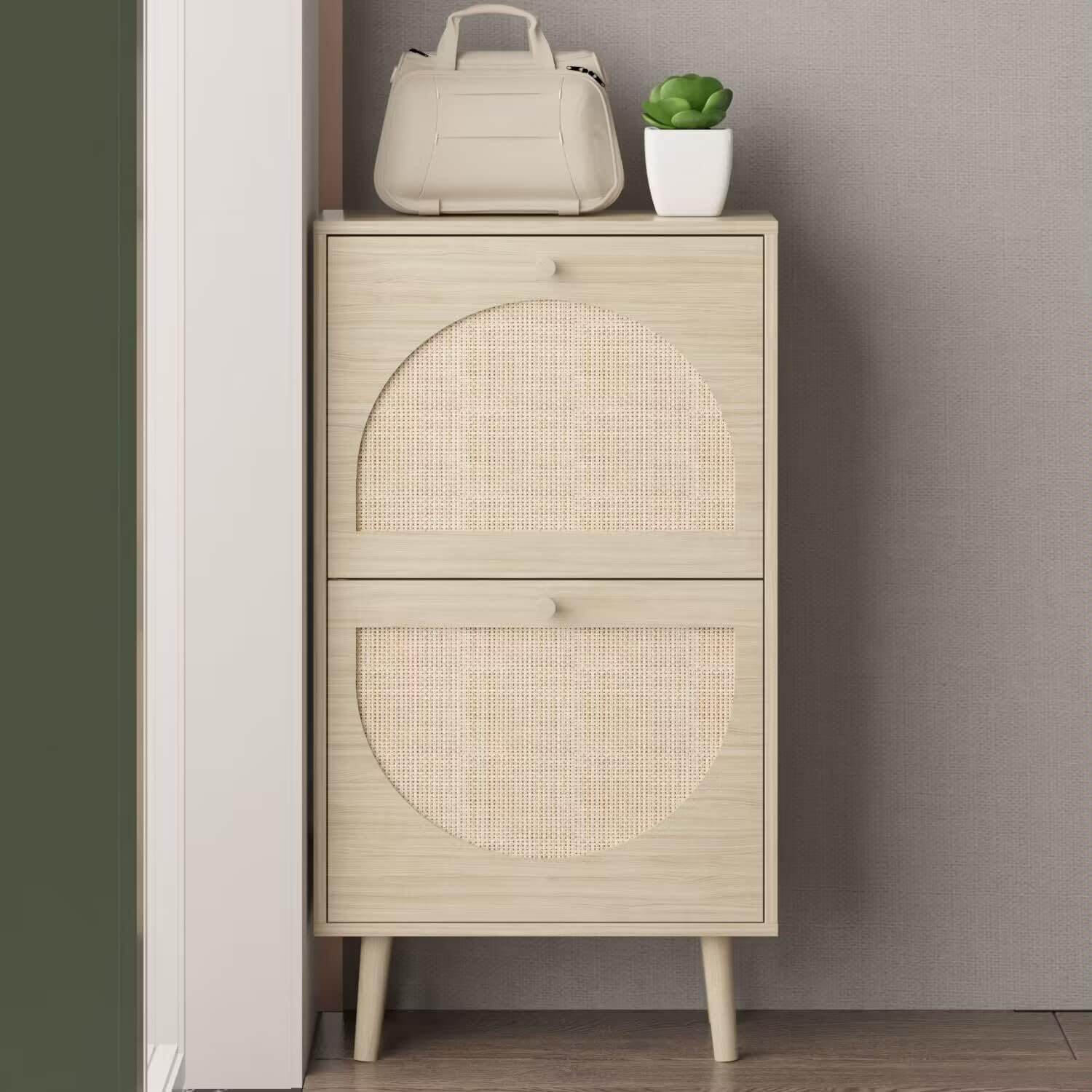Rattan Shoe Cabinet for Entryway,Hidden Shoe Cabinet Storage with 2 Flip Drawer,Freestanding Shoe Rack Cabinet,Shoe Storage Organizer Cabinet for Hallway,Closet