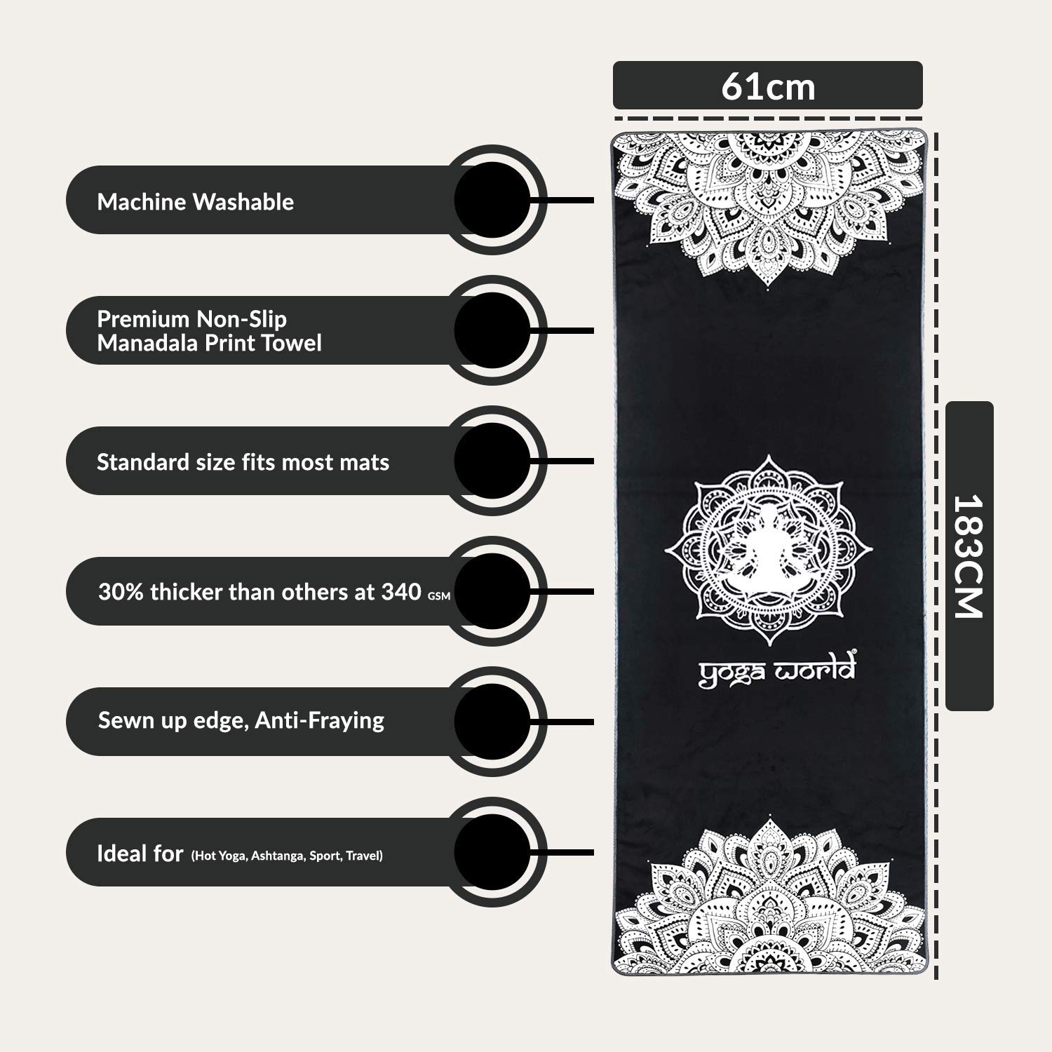 Serviette De Yoga Yoga World – Microfibre 300g, 183x61cm, Antidérapante, Lavable En Machine