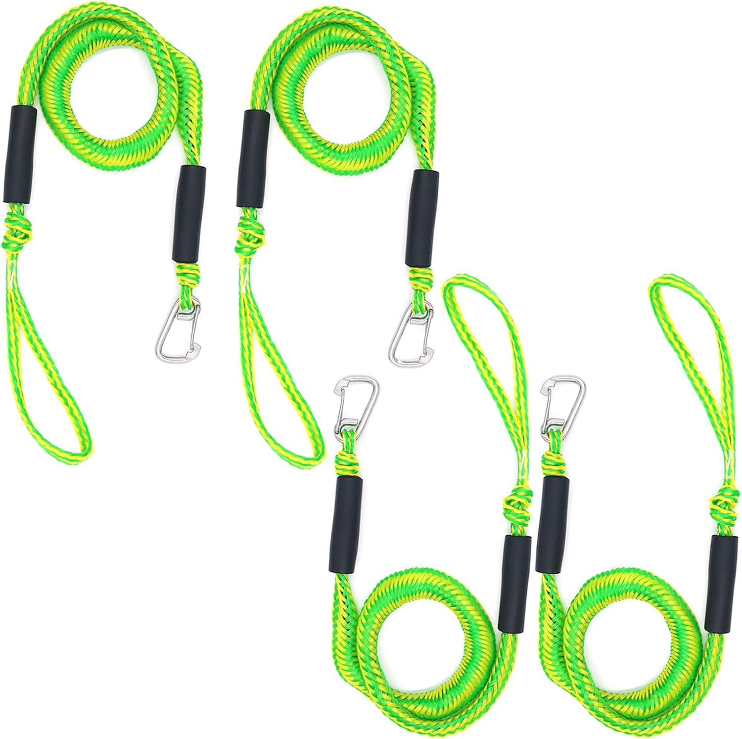 Bungee Boat Dock Lines Green Mooring Ropes 4 Pack with Stainless Steel Clip Accessories for Boats PWC, Kayak, Watercraft,SeaDoo,Jet Ski, Pontoon, Canoe, Power Boat(4ft -5.5ft)