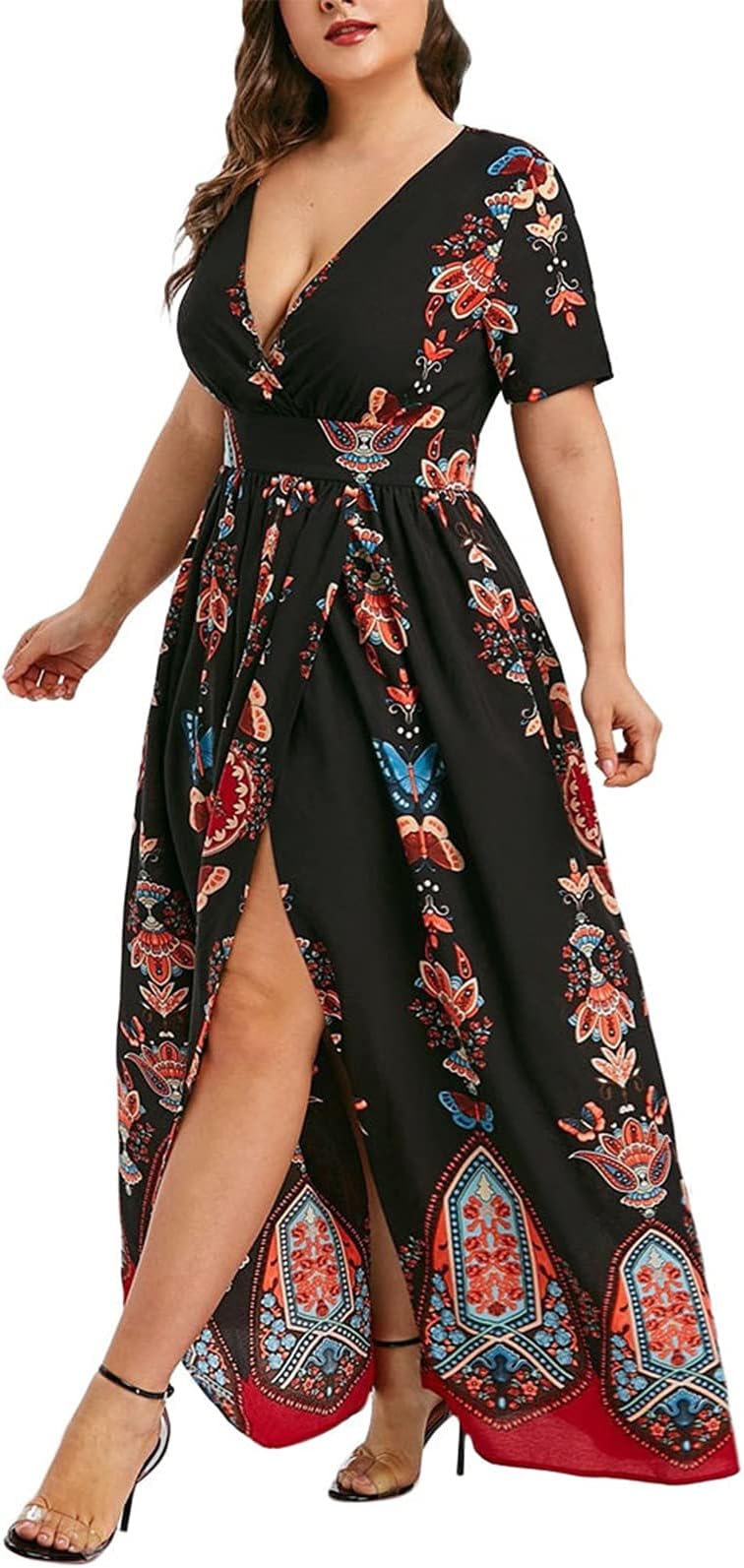 ODEUIAODSummer Dresses for Women 2023 Plus Size Casual Floral Print Boho High Low Cold Shoulder V-Neck Split Maxi Dress