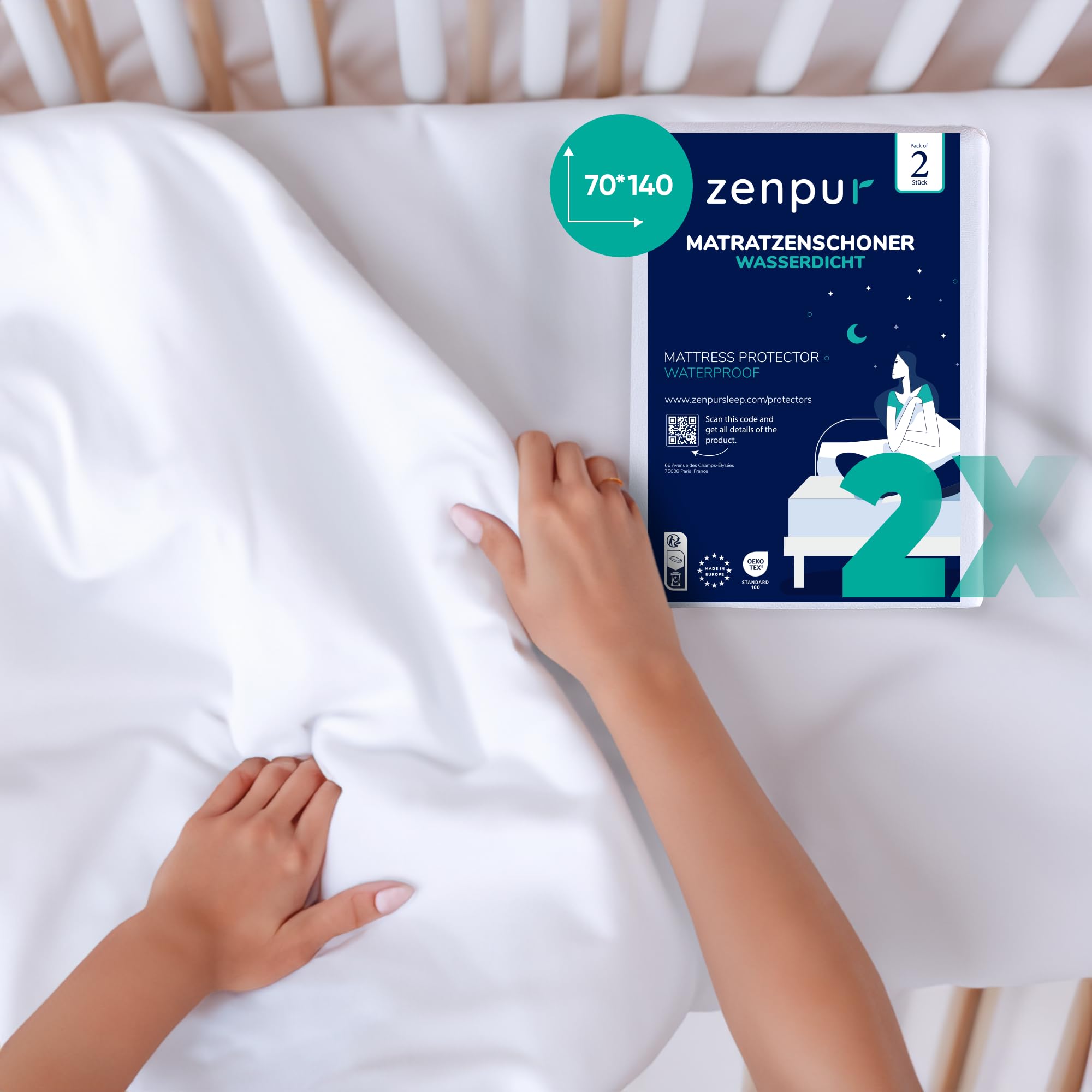 ZenPurWaterproof Mattress Protector Cot bed for Babies, 2-Pack, Made in the EU, Natural Mattress Protector Bed Topper in One. Ideal for Mothers Who Want the Best for Your Baby.