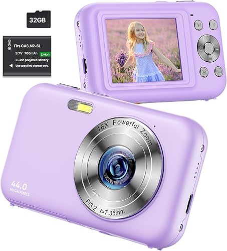 Cámara digital, FHD 1080P para niños con tarjeta SD de 32 GB, zoom digital 16X, cámara pequeña portátil, cámara compacta de apuntar y disparar, mini