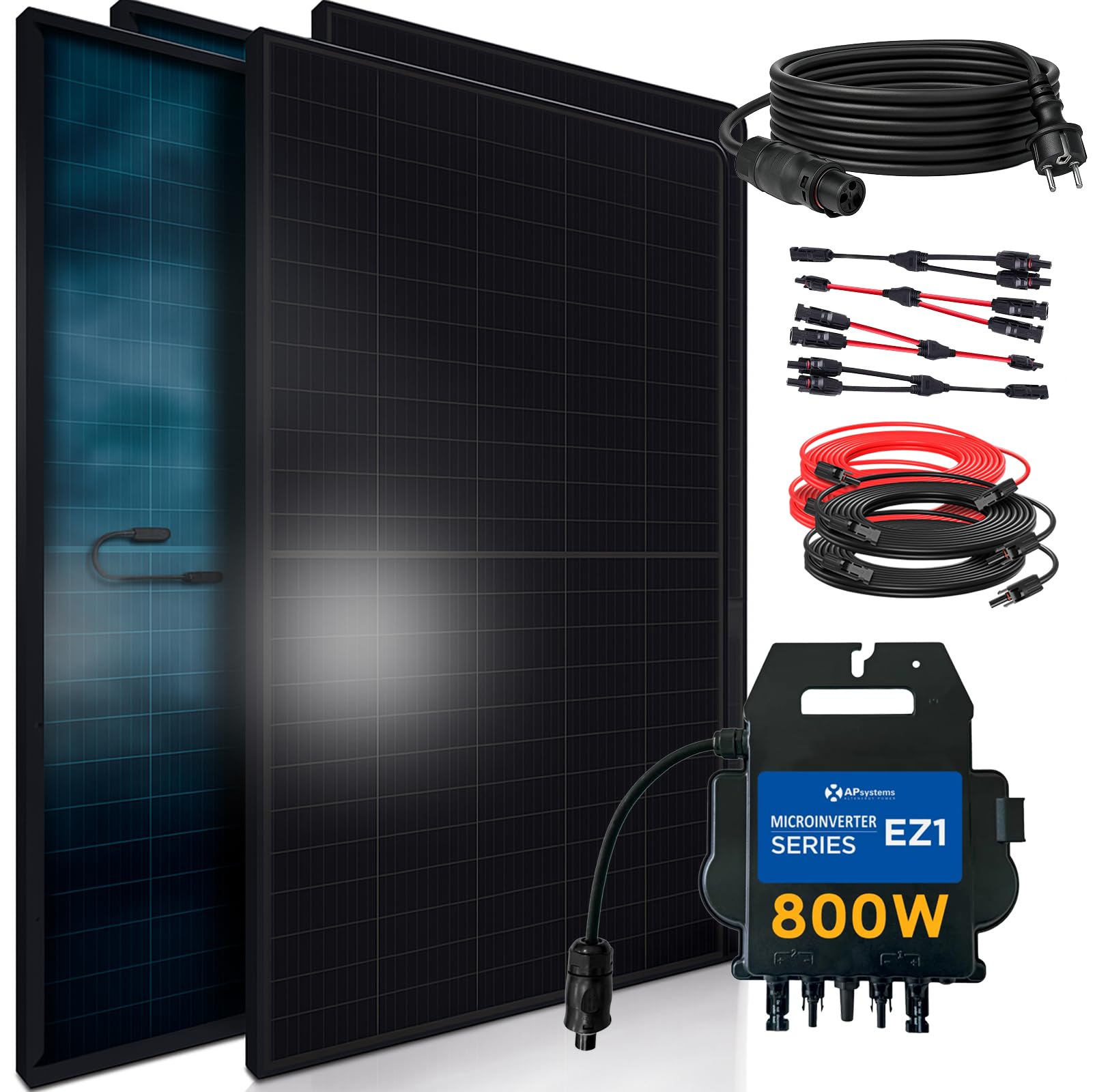SUNNIVA® 1840W Balkonkraftwerk BIFAZIAL FULLBLACK komplett Steckdose AP Systems EZ1-M 800 Watt Wechselrichter, Solaranlage Komplettset,4x460W Glas-Glas Bifacial Solarmodule, 5m Kabel,4x2,5m Solarkabel
