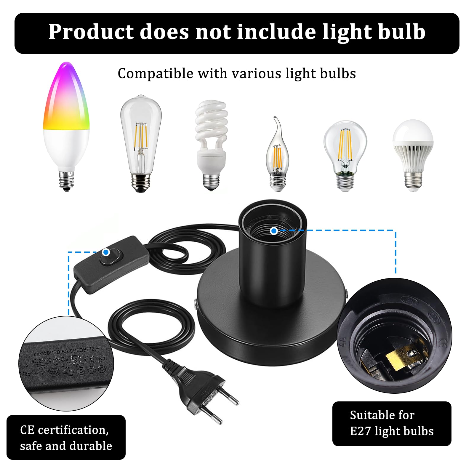 2 Stück Lampenfassung E27 Mit Schalter Schwarz 1,8m Kabel - DIY Pendelleuchte Vintage Industriell