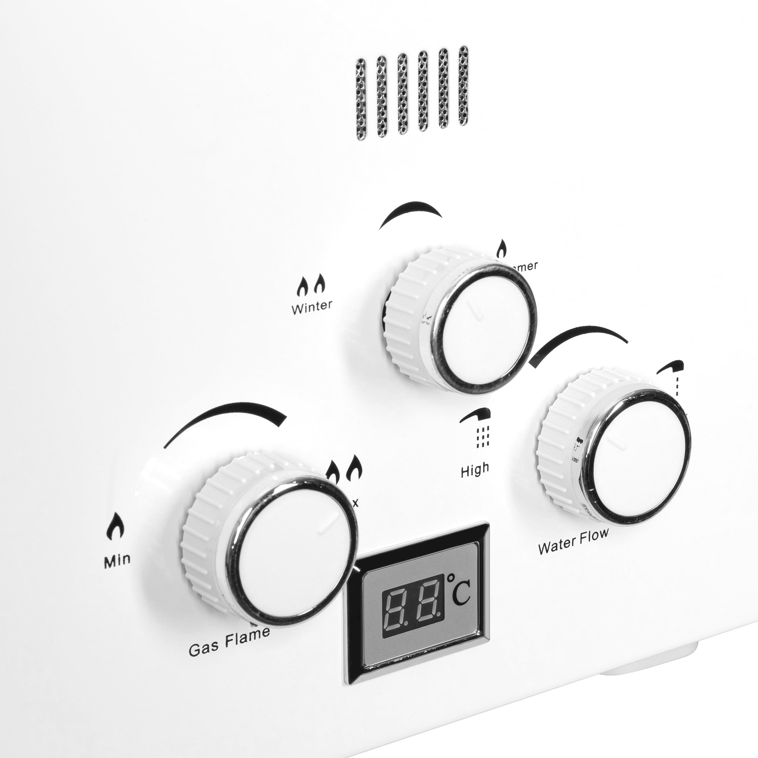 Durchlauferhitzer 12L 24 kW – LPG/Propan Warmwasserbereiter mit LCD Display, Sofort-Heißwasser für Außendusche, Garten, Haus, Camping, Wohnmobil & Wohnwagen, stufenlose Temperaturregelung