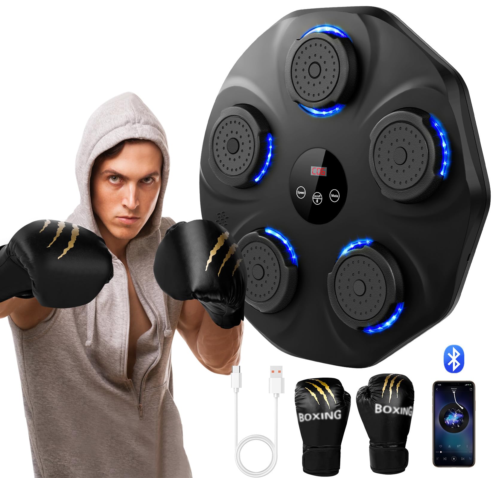 2024 Upgrade Wall Boxing Punching Pad with Gloves,Music Electronic LED Smart Boxing Workout Machine for Adults,Ideal Fitness Equipment for Home and Gym(Black)