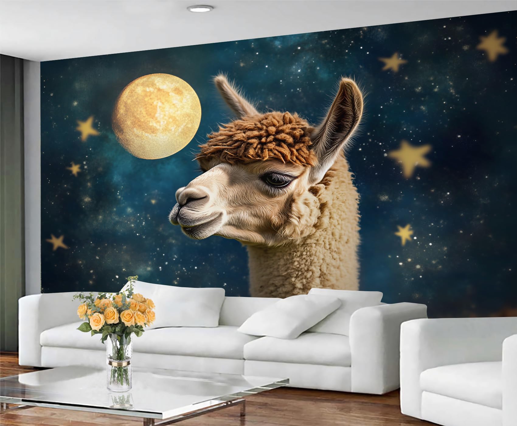 GIVLWF Animal Wallpaper, Funny Alpaca Peel and Stick Wallpaper for Bedroom, Renter Friendly Wall Paper for Living Room, Starry Night Wall Mural - Large Home Decor 300x230 cm — image 1