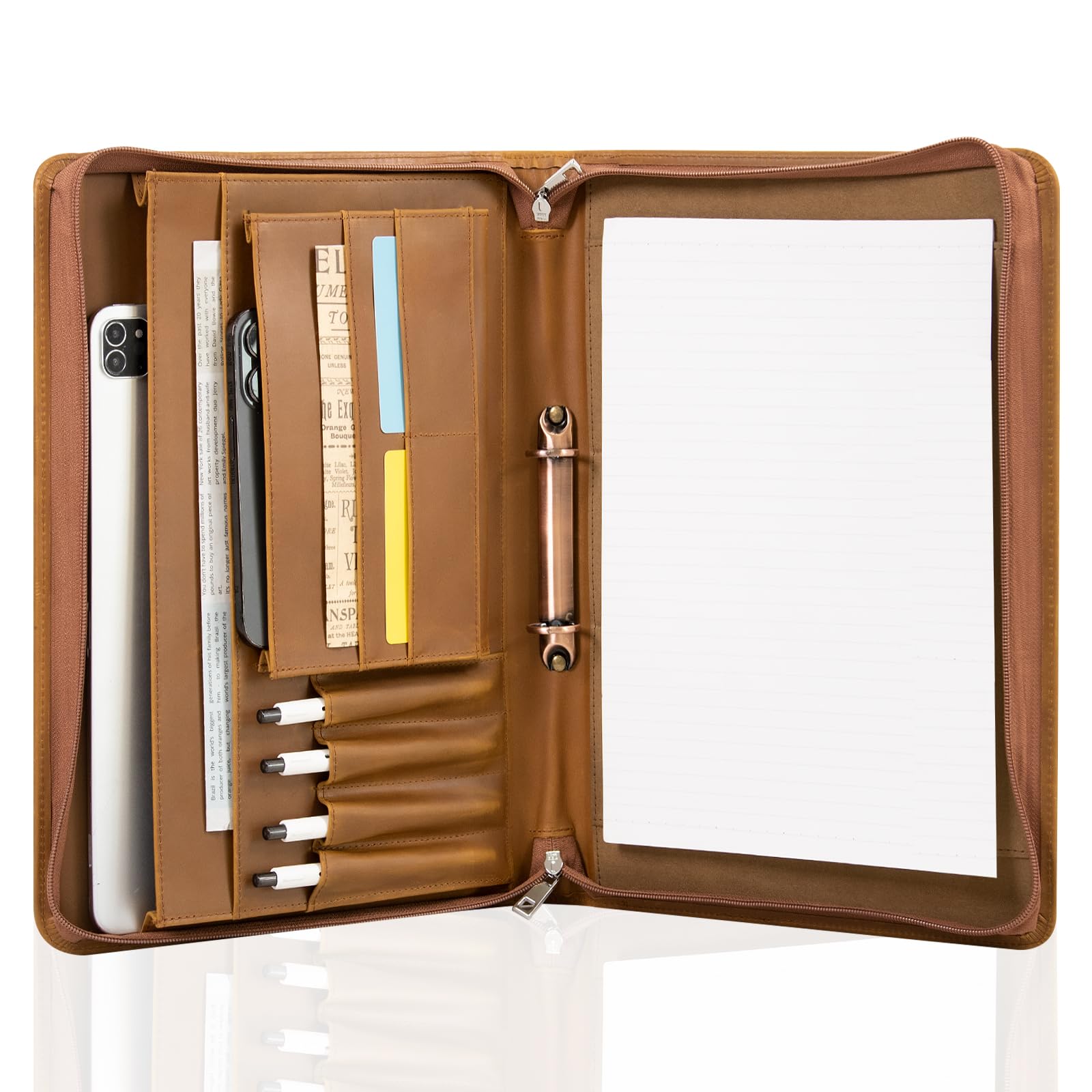 Calfinder A4 Leather Writing Case, 2 Ring Binder Folder Organiser with A4 Clipboard/Zipper, Document Folder Portfolio Organiser, Brown