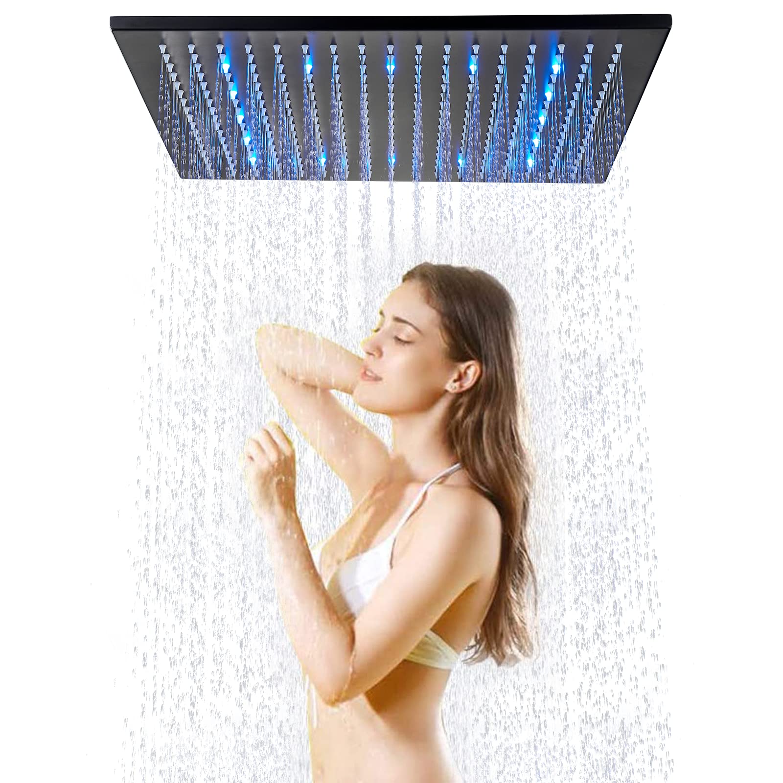 JunSheng Alcachofa de ducha LED de 16 pulgadas Alcachofa de ducha de lluvia cuadrada negra mate boquillas de silicona fáciles de limpiar grifo fijo para ducha