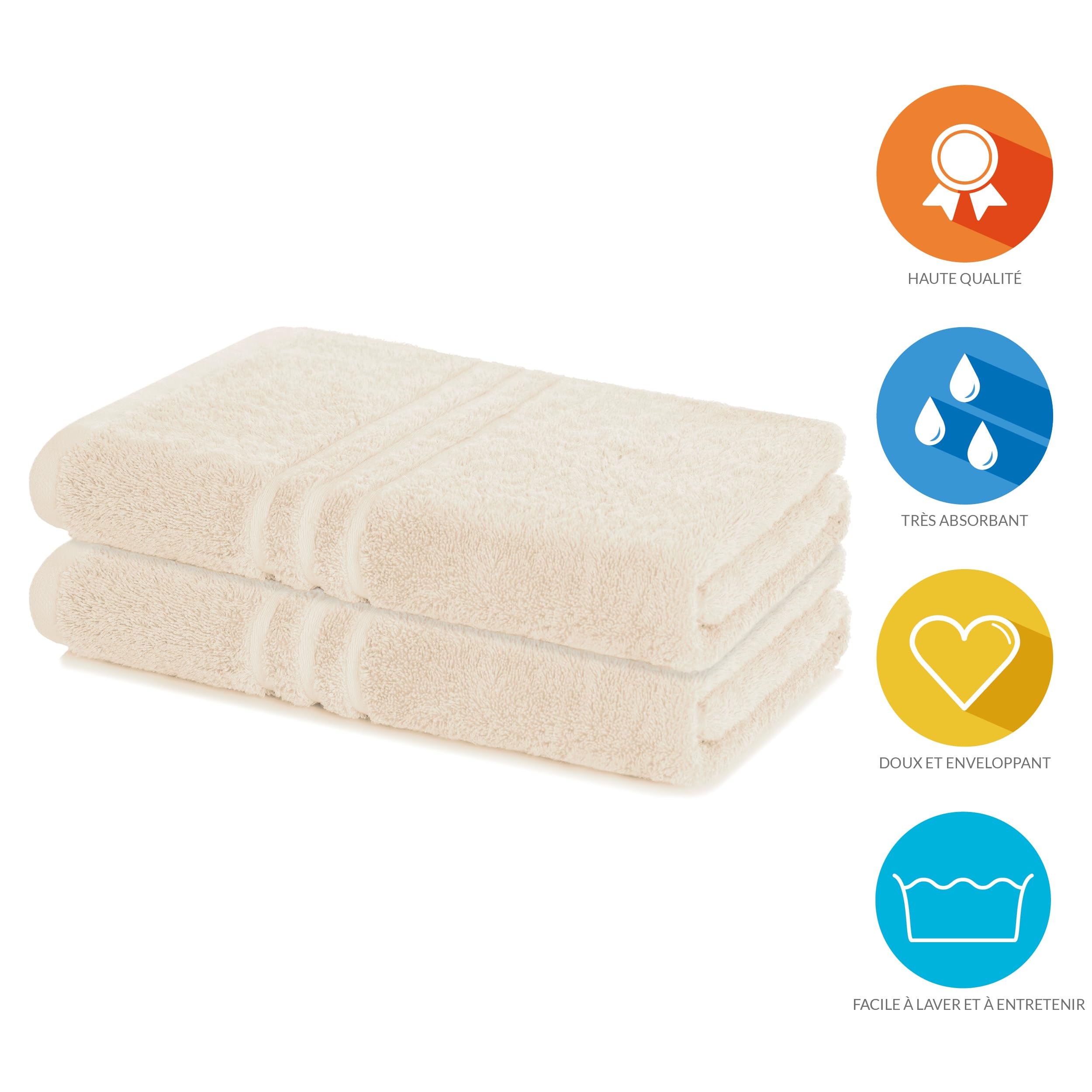 Lavea® Lot de 2 Draps de Bain 100x150 cm – Serviette de Sauna en éponge 100% Coton, Doux, Absorbant et Résistant – Idéal Salle de Bain, Spa, Hôtel - Crème