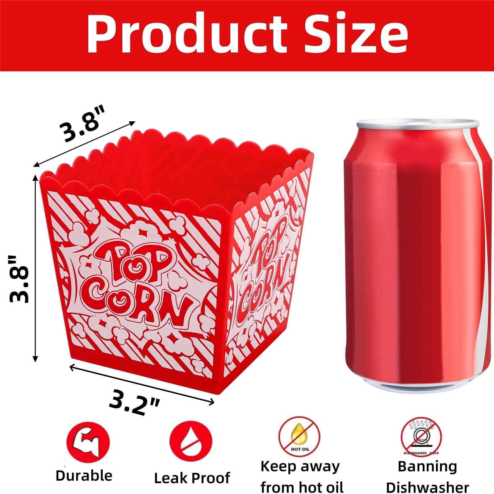 Covzoe 30 Packs Plastic Popcorn Box, Reusable Open-Top Popcorn Containers Bulk, Red & White Striped Snack Bowls Bucket Tub for Movie Night, Party, Square 3.8 x 3.8 Inch