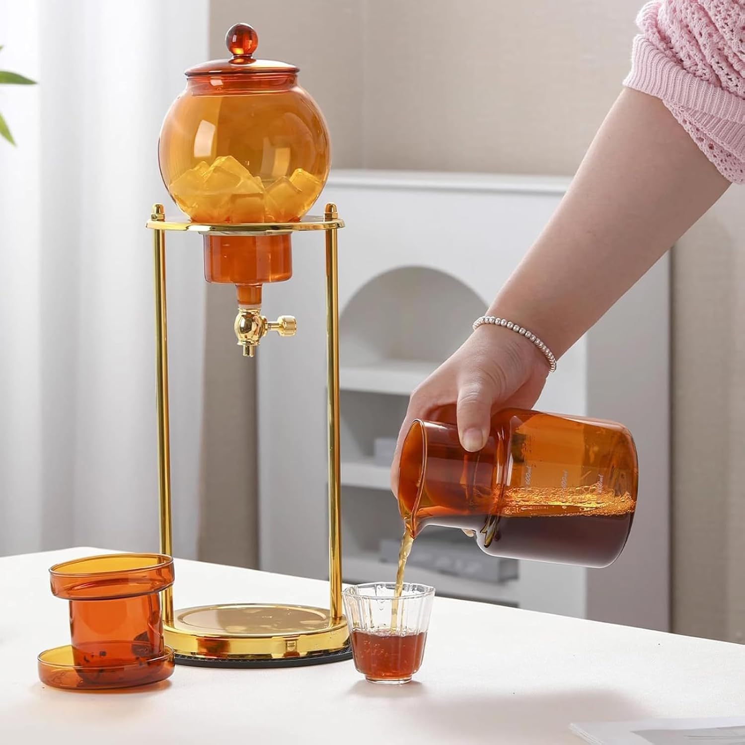 Cold Drip Coffee Maker, 600ml Cold Brew Coffee Tower, Borosilicate Glass Pot, Stainless Steel Frame, Adjustable Water Flow, Slow Cold Extraction System, for Home Office