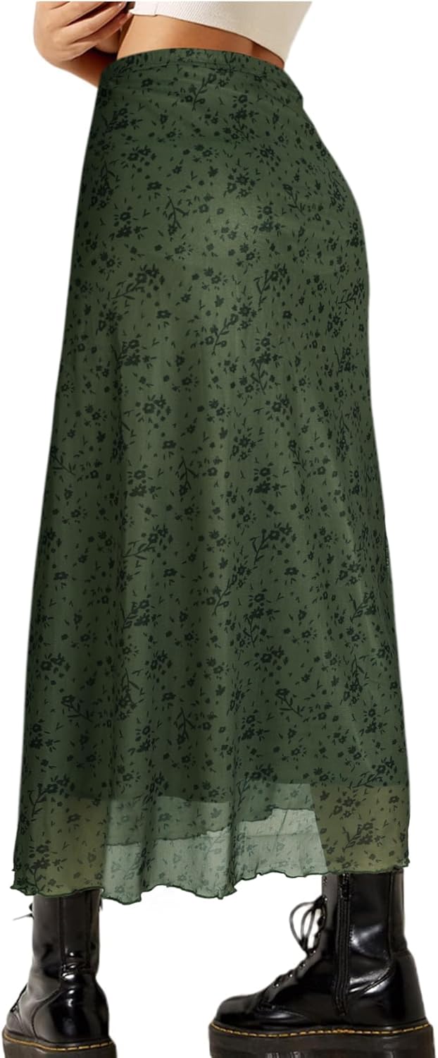 Avanova Women Floral Boho High Waisted Midi Skirts Flowy Summer Long Skirts Green Flower Large - Image 2