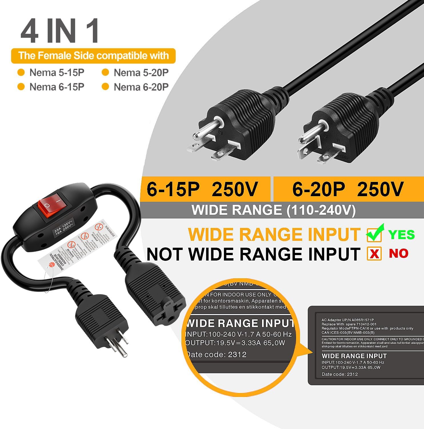 Heavy Duty 4-in-1 On/Off Switch Extension Cord 12-AWG 15A Household Plug to 20A T Blade Adapter Cable with Heavy Duty Double Break 23A 125V Inline Switch, L=40CM