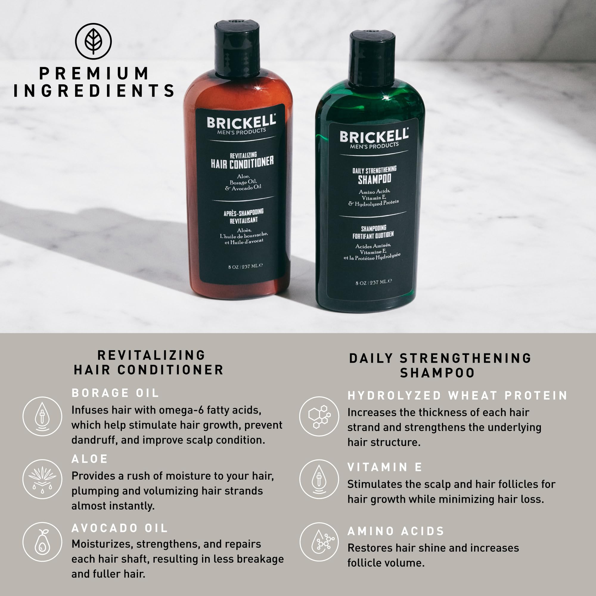 Brickell Men’s Products – Rutina Revitalizadora de Cuidado Capilar – Champú con Aceites de Menta y Árbol de Té + Acondicionador Fuerza y Volumen - Natural y Orgánico