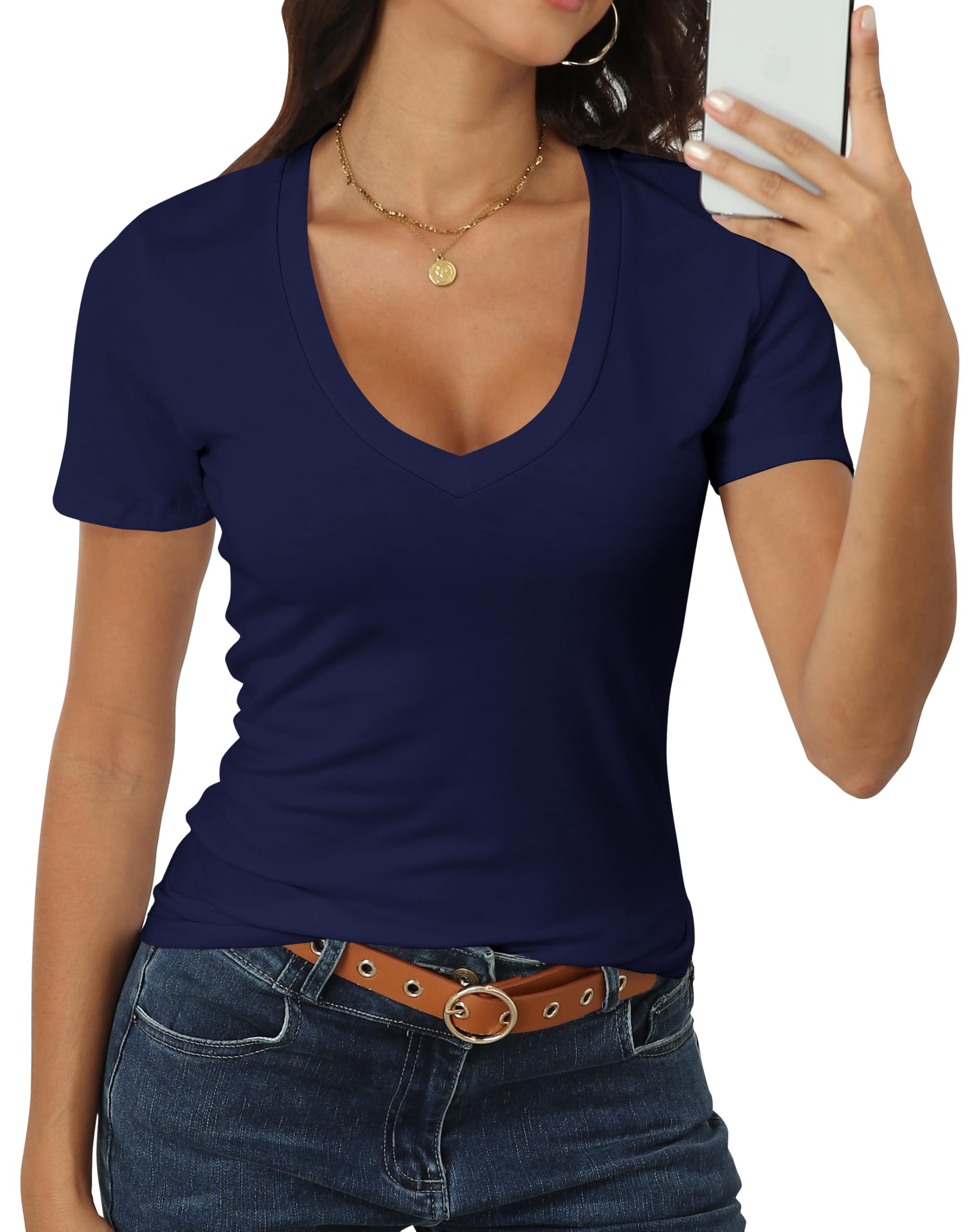 Women Short Sleeve Deep V Neck Tops Shirts Fitted Cotton Summer Tshirt Tee