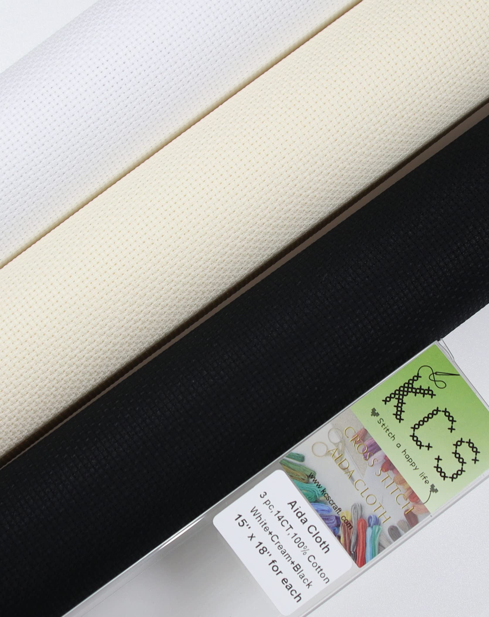 KCS 3 pc of 15" x 18" Counted Cross Stitch Cotton Aida Cloth Needlework Rolled Fabric Box,14CT,White+Cream+Black