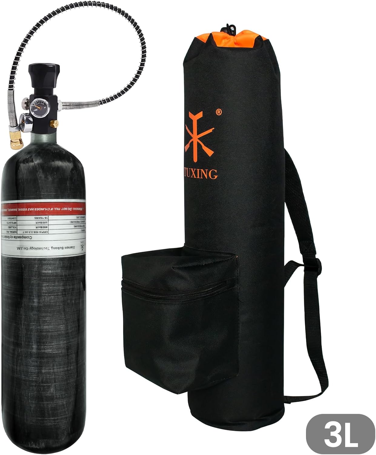 TUXING 3L/183 Cu.in NOT DOT Carbon Fiber Cylinder, 4500 PSI Paintball Air Tank, M18*1.5 Thread Dual Gauge Valve with Backpack Tank Air Filling Station for PCP Paintball HPA Air Guns
