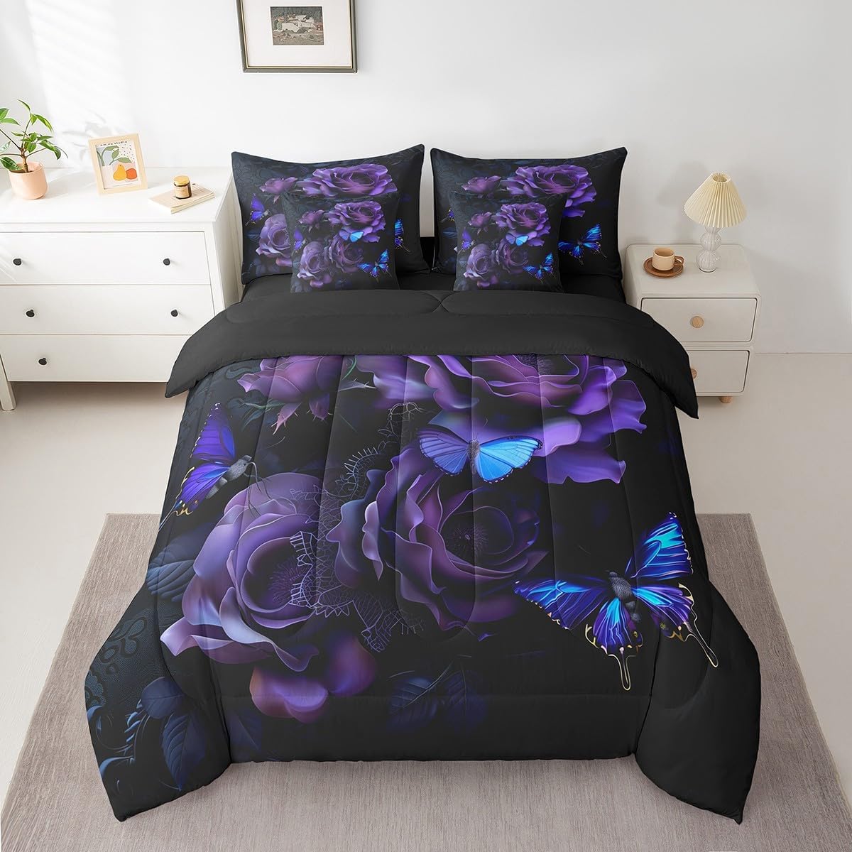 Erosebridal Butterfly 7 Pcs Comforter Set King Romantic Roses Bedding for Woman Rose Flowers Sheet Set Bed in A Bag Boho Butterflies Floral Bedroom Decor Purple Bed Set