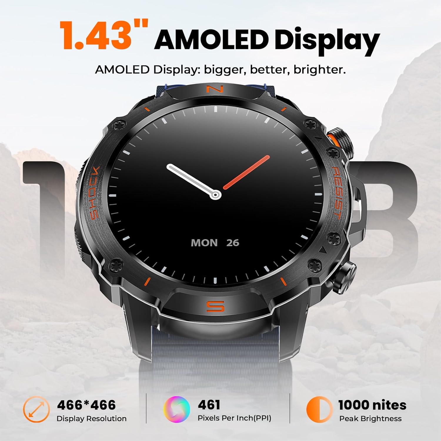 WalkerFit Rugged Smart Watch for Men- Answer/Dial Call,30M Waterproof Fitness Watch with Health Monitor,170 Sport Mode,Military Smartwatch for iPhone,AMOLED, Blue Nylon