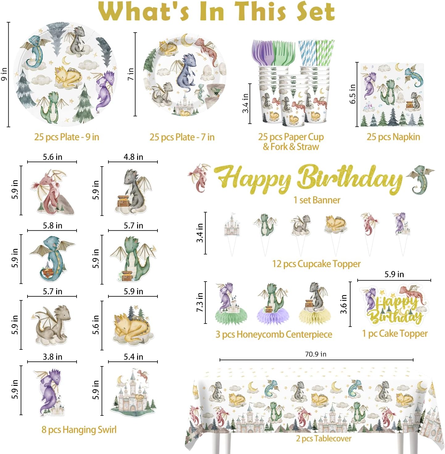 185Pcs Dragon Birthday Party Decorations Tableware Set Serves 25 Guests, Dragon Party Supplies Includes Banner, Plates, Tablecloth, Cake Topper, Cupcake Toppers, Dragon Birthday Decorations - Image 2