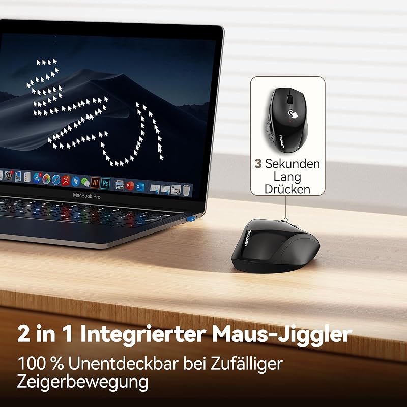 TECKNET PRO Vezeték Nélküli Egér Jiggler Funkcióval, Újratölthető, Csendes, 6400 DPI, Ergonomikus, 6 Gombos, PC, Laptop, Chromebook, Mac