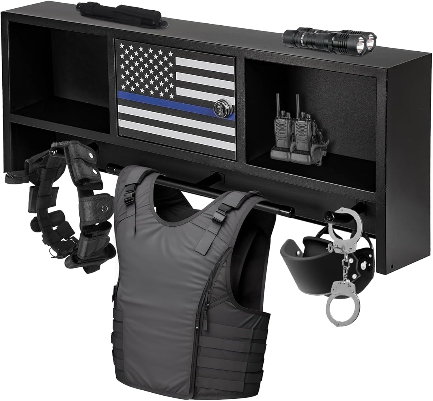 Police Gear Rack, Police Hanger with Hooks, Police Vest Wall Mounted Hanger Tactical Duty Gear Rack, Law Enforcement Personnel Equipment Storage Rack Black Body Armor Stand for Police Gift