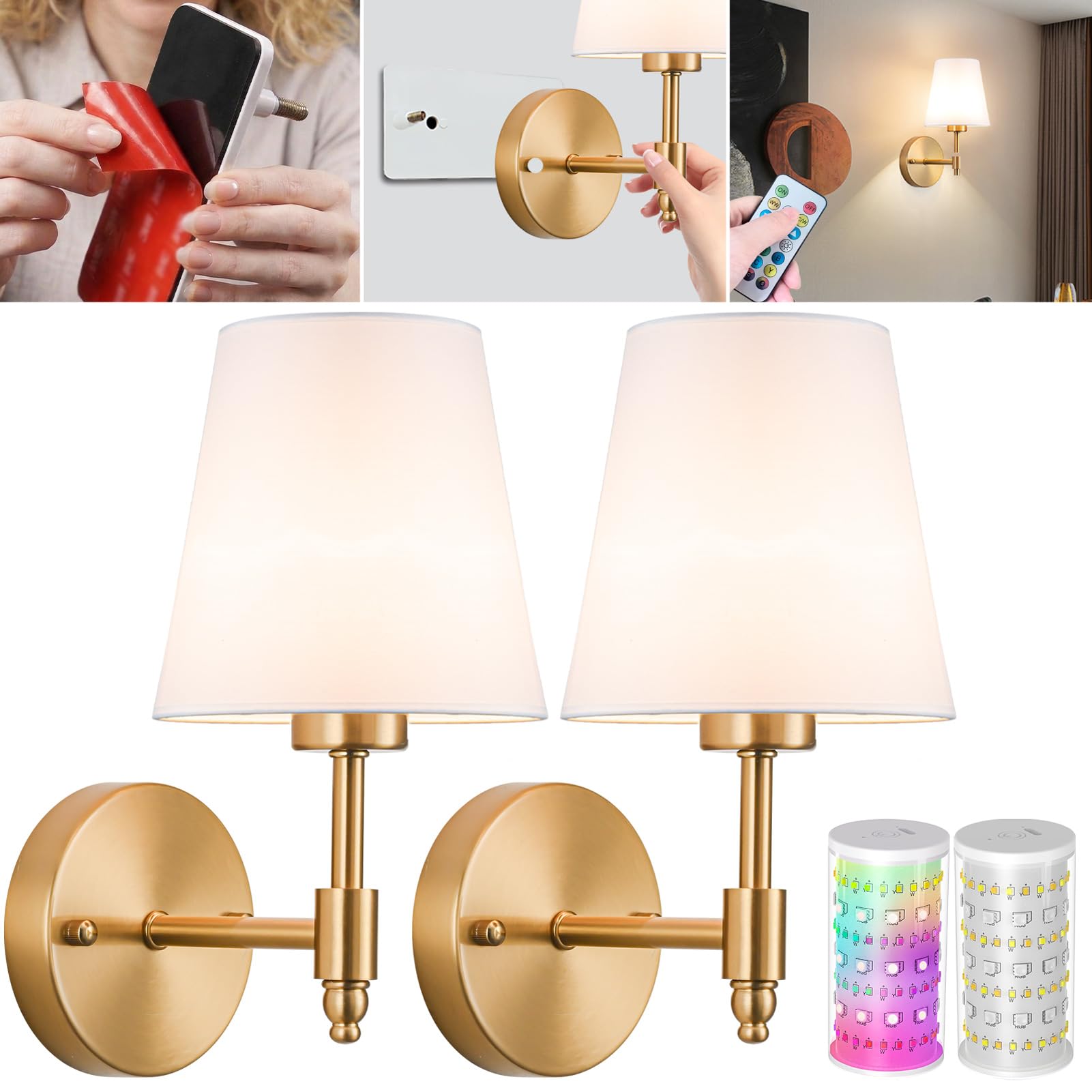 Photo 1 of Vimhou Peel and Stick Wall Sconces, Stick On Wall Sconce Set of 2, Battery Operated Wireless Wall Light, No Drill Adhesive Wall Lamp, Corn Bulb with 10000mAh Rechargeable Battery, Bedroom Wall Decor