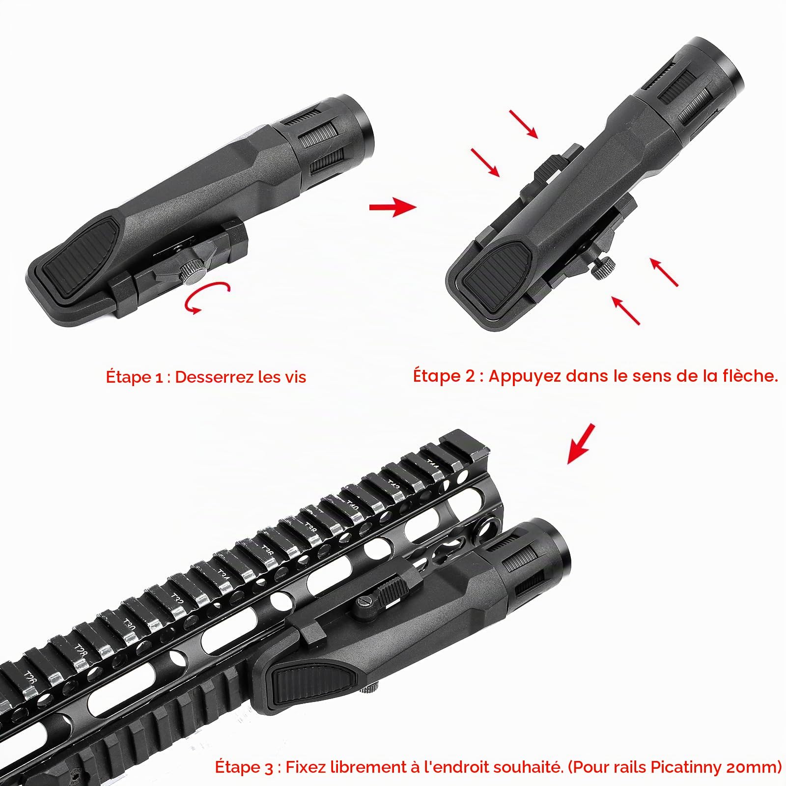 WML Lampe de Poche, 400 Lumens Lampe Torche Tactique,Noir | Avec 3 Modes Constant/Emergence/Stroboscope Défensif, pour 20MM Picatinny Rail