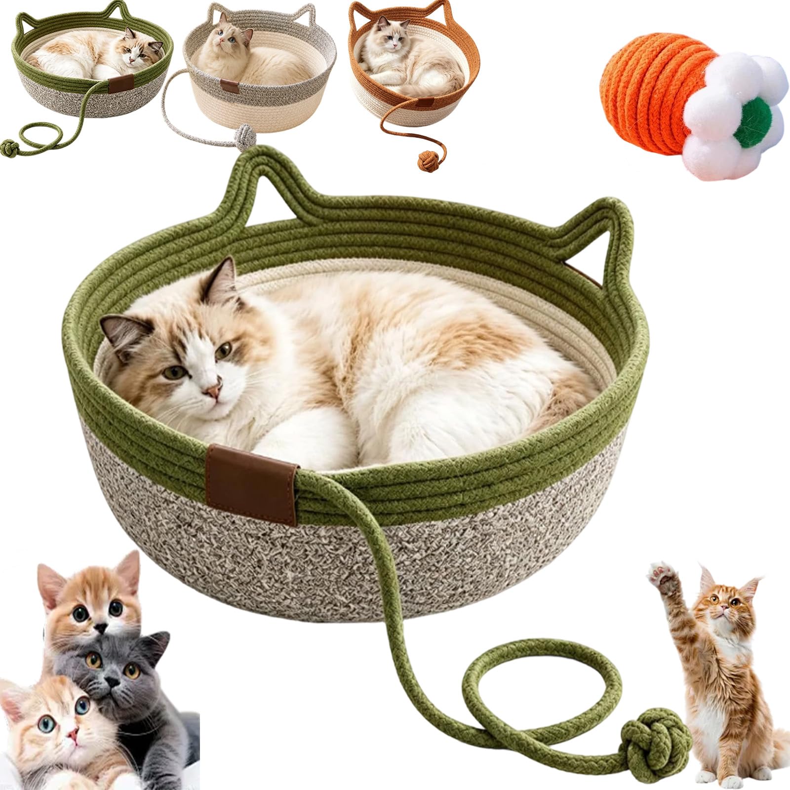 Handwoven Cat Basket, Instinct Basket for Cats, 14/16/18in Cotton Rope Cat Bed with Hanging Toy Ball, Breathable Washable Round Nest Cat Scratcher for Indoor Kittens (Green S)