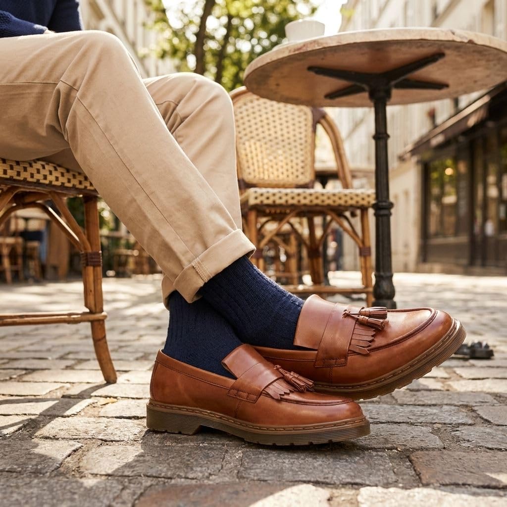 Mocasines de cuero marrón marrón con suela gruesa con borlas para hombre