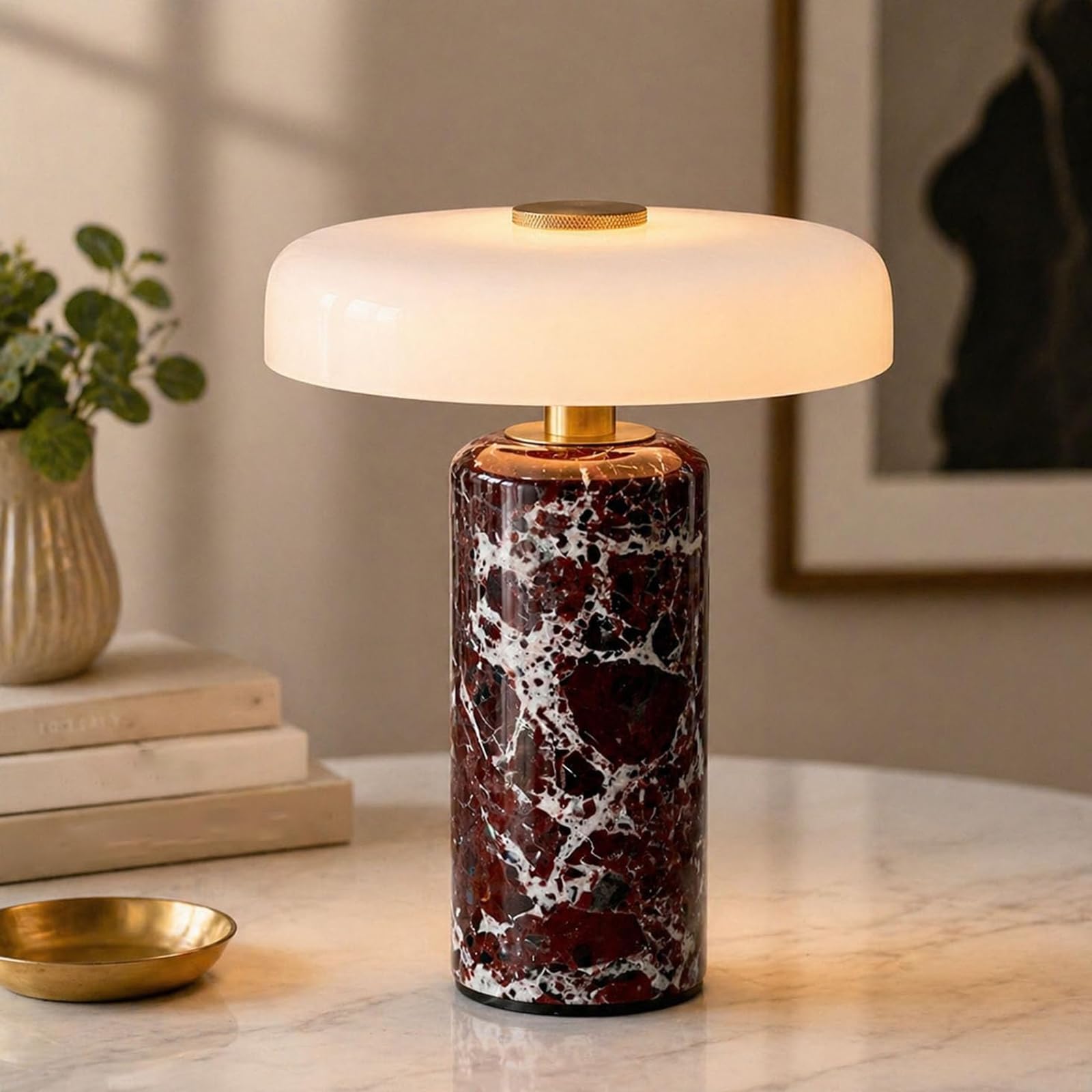 Lámpara de mesa táctil recargable de piedra de lujo de mármol, luz nocturna de mármol de piedra con pantalla de vidrio de leche, luz decorativa/regulable de 3 vías, para dormitorio, sala de estar red