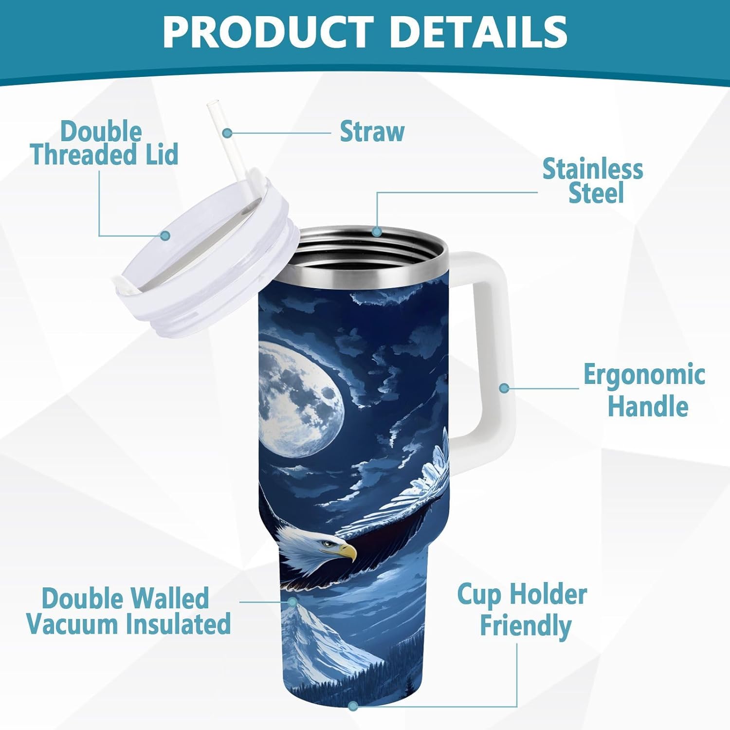 ALAZA Bald Eagle Moon 40 oz Tumbler with Handle Insulated Water Bottle with Straw Lid Stainless Steel Vacuum Insulated Cup Travel Coffee Mug